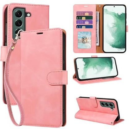 Wallet Case for Galaxy S22, RFID Blocking, 4 Card Slots, Pink | For Samsung Galaxy S22 6.1 inch, PU Leather Flip Cover, Protective TPU Shell, Magnetic Closure, Stand, Wrist Strap - color: Pink