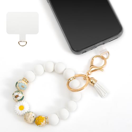 Silicone Beaded Phone Wrist Strap, Phone Wristlet Strap with Tether Tab, Elastic Hands-Free Daisy Wristlet Bracelet(White) - color: Daisy White