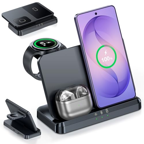 3 in 1 Wireless Charging Station for Galaxy S26 Ultra S25 S24, Z Fold Flip 7/6, Detachable Watch Charger for Galaxy Ultra 8/7/6, Foldable, Fast Charging, No Adapter - color: Samsung Black