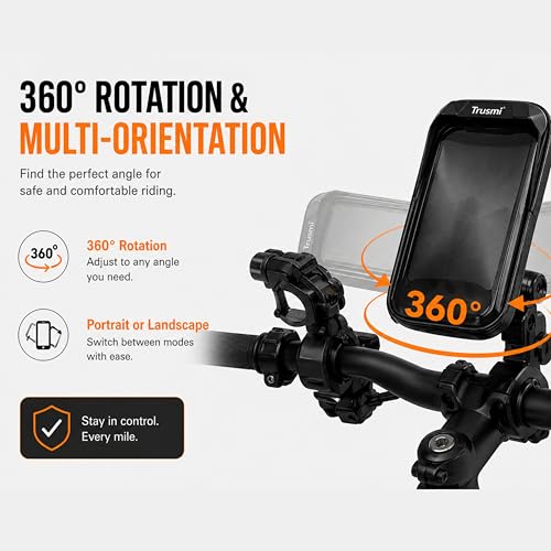 Motorcycle & Bicycle Handlebar Phone Mount Bag, Water-Resistant Phone Pouch with Touchscreen Window, 360° Rotating Clamp, Storage Pockets, Fits Universal 4.0-6.8 Inch Phones, Black