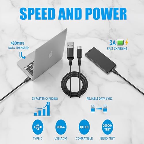 USB-A to USB-C Cable 5 Pack – 3A Fast Charging (QC 3.0), Mixed Length 3.3/6.6/10 ft, Nylon Braided, Compatible with iPhone 15/16/17, Galaxy S24/S23, Pixel & USB-C Devices - size: 5-Pack - Mix Length Set