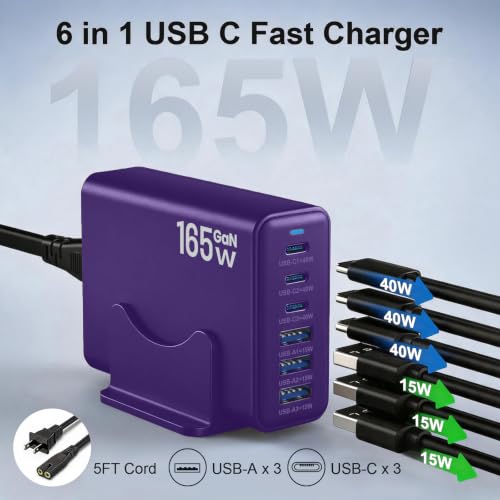 165W Charging Station, 6 Port Desktop Charger, 3 Ports 40W Purple - color: Purple