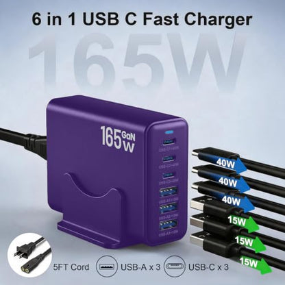 165W Charging Station, 6 Port Desktop Charger, 3 Ports 40W Purple - color: Purple
