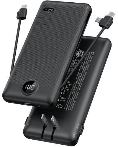 VRURC Portable Charger, Power Bank Built-in Cables and AC Wall Plug - color: Black