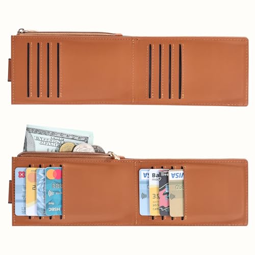 Chelmon Women's RFID Slim Card Holder Wallet | Thin Bifold Multi Card Case with Zipper Coin Pocket Purse for Women(Tan) - color: Tan