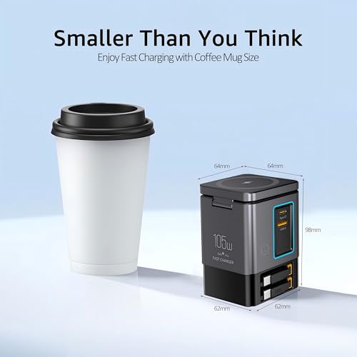 105W Retractable Charging Station, 6-in-1 GaN Charger with Dual 65W Cables