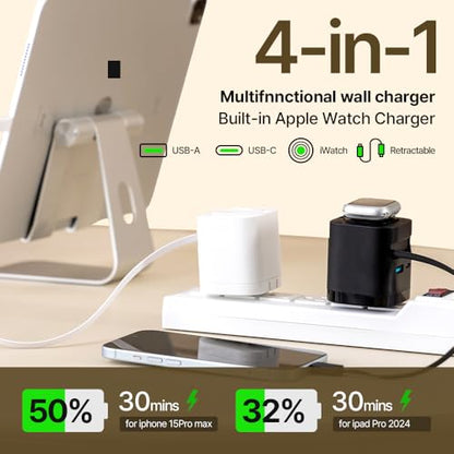 65W Retractable USB-C PD Charger with Built-in Apple Watch Charger - color: White