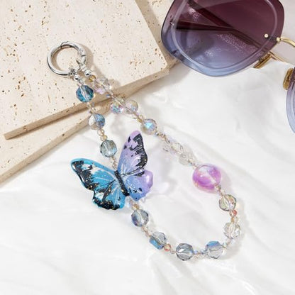 WOZEAH Phone Charm for Women, Beaded Wrist Strap Lanyard with Tether Tab – Anti-Theft Hands-Free Detachable Phone Chain Wristlet - color: Purple-blue Butterfly