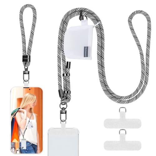 HOTEMIA Phone Lanyard and Wrist Straps, Adjustable Cell Phone Lanyard Crossbody with Detachable Wallet, 8mm Thick iPhone Lanyard for Around the Neck(White Black+Wallet) - color: White Black+wallet