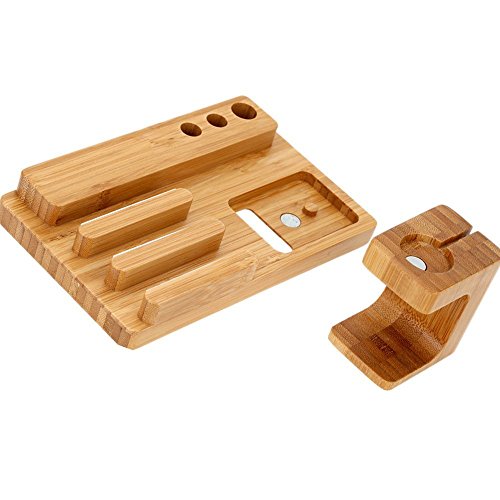 Bamboo Wood Multi-Device Desktop Charging Dock Station Charger Holder Cradle Charge Stand for iPhone 16 15 14 13 12 11 Pro Max iWatch 2 3 4 5 Compatible with iPad Mini Air Pro 2 3 Smartphones