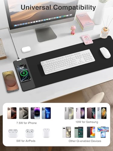 Wireless Charging Mouse Pad, 31.5"x11.8" Large Desk Mat, Smooth Glide - color: Black-31.5"x11.8"