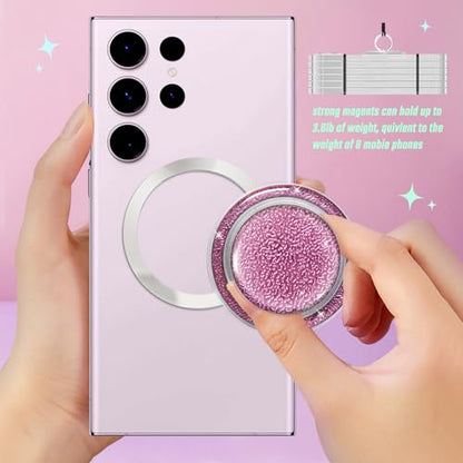 Magnetic Phone Grip, Magnetic Collapsible Expandible Mobile Phone Grips Stand Holder for iPhone 17 16 15 14 13 12 Series, Sparkly Transparent Pink