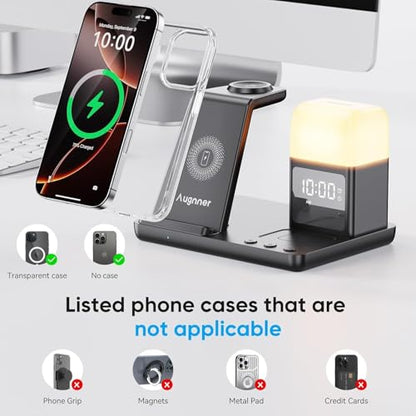 6 in 1 Wireless Charging Station with Clock & Night Light，Alarm Clocks for Bedrooms,Wireless Charger Stand with Beside Clock for iPhone 18/17/16/15/14/13/12 Pro Max, Apple Watch,Airpods (Black) - color: Black
