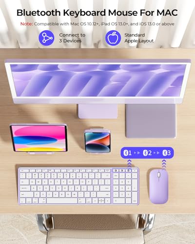 seenda SKM64-2 Bluetooth Keyboard and Mouse Combo for Mac, MacBook and iPad - color: White & Purple