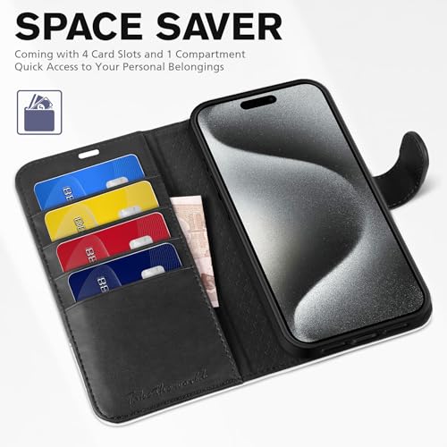 TUCCH Wallet Case for iPhone 15 Pro Max (6.7"), Flip Stand, Black & White | RFID Blocking, 4 Card Holders, Kickstand, PU Leather, Shockproof TPU Shell, Magnetic Closure, Protective Folio Cover - color: Black & White