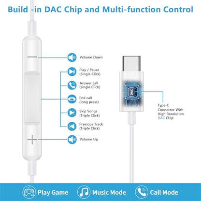 for iPhone 17 Earbuds Wired USB C Ear Buds for iPhone 17/17 Pro/17 Pro Max - color: White