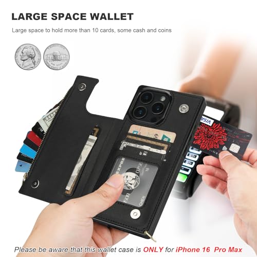 Bocasal Crossbody Wallet Case with Strap for iPhone 16 Pro Max, Black | RFID Blocking Card Slot Holder, Magnetic Flip Folio Purse Case, PU Leather Zipper Handbag Detachable Lanyard Strap 6.9 Inch - color: Black
