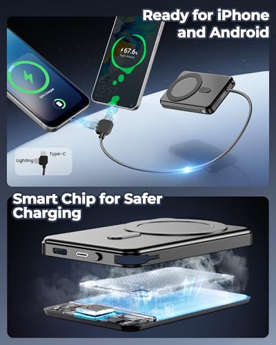 golioklsy Portable Charger Power Bank, 10000mAh Phone Charger with Built-in Cable, 20W PD Fast Charging, Slim Battery Pack with LED Display, Travel Essential for iPhone 17/16/15/14 All Series, Black | Charge from 20% to 85% in 30 Mins, 30% Smaller, magnet