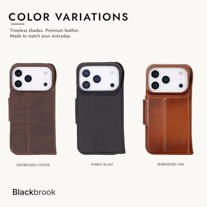 BLACKBROOK Detachable Leather Wallet Case Compatible with iPhone 17 Pro | Full-grain detachable folio with RFID blocking, 3 card slots, ID window, built-in kickstand, wireless charging, handcrafted. - color: Burnished Tan, size: iPhone 17 Pro