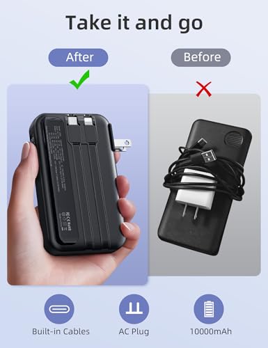 RORRY Portable Charger 3 in 1 with Wall Plug 10000mAh Power Bank for iPhone - color: Black