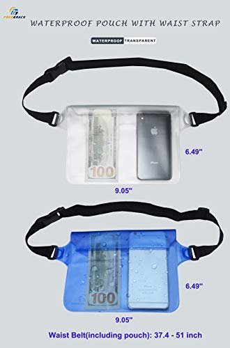 Freegrace Waterproof Pouches with Waist Strap / Pouch Case Bundle Set- Keep Your Phone & Valuables Dry and Safe - Waterproof Dry Bags for Boating Swimming Snorkeling Kayaking Beach Water Parks Pool - color: Blue & White