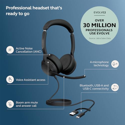Jabra Evolve2 50 Wired Dual-Ear USB Headset with Microphone, Black - style: All Platforms, Dual Ear