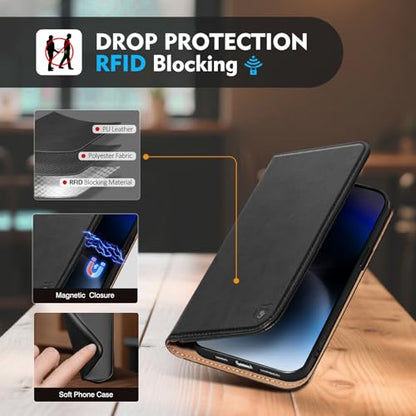 Compatible with Samsung Galaxy S25 Ultra Case Wallet with Card Holder [4 Card Slots] Kickstand [RFID Blocking] PU Leather Phone Case Flip Folio Protective Cover TPU Shockproof,Black - color: Black, size: Samsung Galaxy S25 Ultra