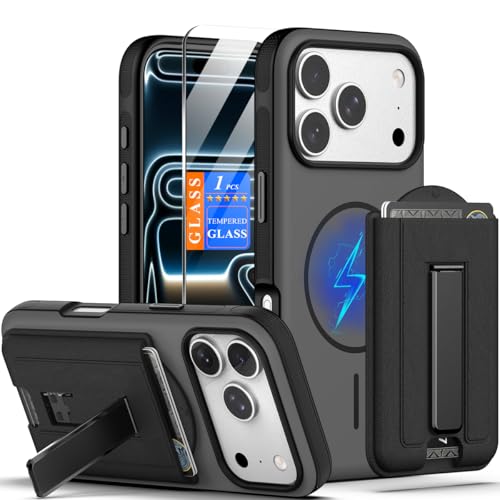 Nvollnoe for iPhone 17 Pro Case with Card Holder & Screen Protector, Compatible with Magsafe, Built-in Kickstand, Detachable Magnetic Wallet Case for iPhone 17 Pro(Black) - color: Black
