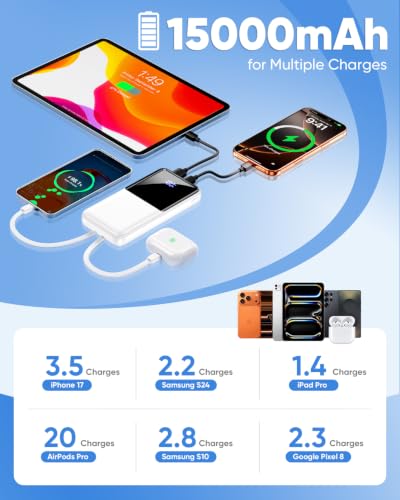 CFIAI Portable Charger 15000mAh Slim Power Bank with Built in Cables - color: Snowy
