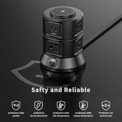 Power Strip Tower 1875W 15A with 15W Magnetic Wireless Charger, Dual-Layer Rotatable Design, 540 Joules Surge Protector Tower with 6 AC Outlets and 4 USB Ports(2USBA+2USBC), 5FT Braided Extension Cord - size: 1875W Tower
