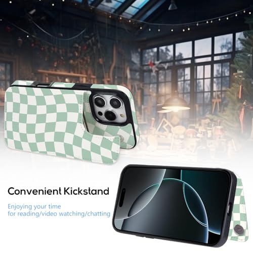 for iPhone 16 Pro Case Wallet with Card Holder (Green Checkerboard) | Flip PU Leather,Built-in Card Slots, Kickstand,RFID Blocking and Shockproof Case - color: Green Checkerboard, size: iPhone 16 Pro 6.3 inch