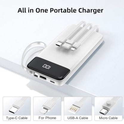 Portable Charger Built-in Cables,10000mAh Fast Charge Power Bank for iPhone - color: White
