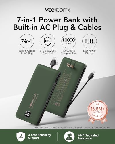 VEEKTOMX Portable Charger with Built-in Cables and AC Wall Plug, 10000mAh - color: Green