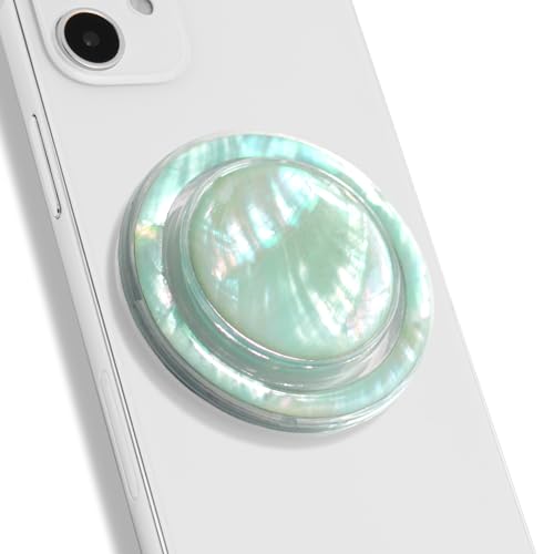 On The Grip Magnetic Phone Grip for MagSafe, Genuine Natural Crystal & Seashell Stone, Swappable Top, Strong Magnet Holder & Kickstand for iPhone 15 14 13 12 Pro Max Plus & MagSafe Cases (Aqua Blue)