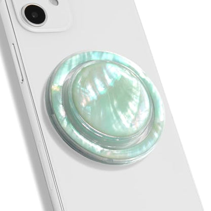 On The Grip Magnetic Phone Grip for MagSafe, Genuine Natural Crystal & Seashell Stone, Swappable Top, Strong Magnet Holder & Kickstand for iPhone 15 14 13 12 Pro Max Plus & MagSafe Cases (Aqua Blue)