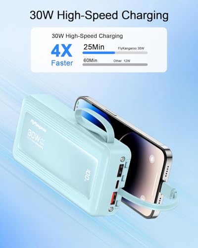 Portable Charger with Built-in Cables, 27000mAh Slim 30W Fast Charging Power Bank with LED Display, USB C Battery Pack 6 Outputs & 2 Inputs, Travel Essential Charger for iPhone, Samsung, Google etc - color: Sky Blue