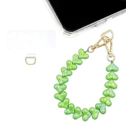 Heart Beaded Phone Wristlet | Phone Wrist Strap With Tether Tab | Cute Accessory for Phone, AirPods, Bag, Keys, Camera - color: Spring Green