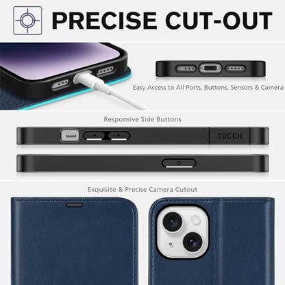TUCCH Wallet Case for iPhone 14 6.1", 4 Card Holders, Dark Blue & Lake Blue | RFID Blocking, Viewing Stand, Shockproof TPU Shell, PU Leather, Magnetic Closure, Protective Folio Flip Cover - color: Dark Blue & Lake Blue