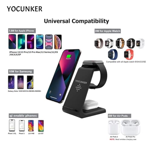 Wireless Charger iPhone,YOCUNKER 3 in 1 Qi Fast Wireless Charging Station Stand Dock for Multiple Devices Apple Watch Series 7/SE/6/5/4/3/2, Airpods 3/Pro/2,iPhone 14/13/12/11 Pro Max/X/XR (Black) - color: Black