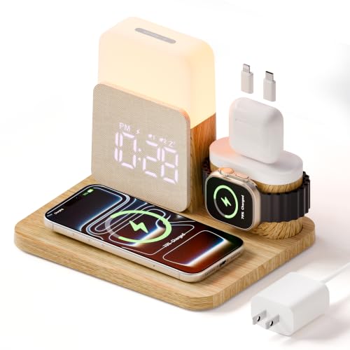7 in 1 Clock with Charging Station, Charger with Alarm Clock Night Light - color: Wood