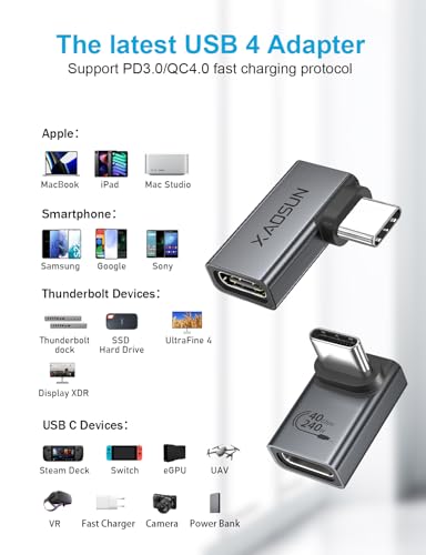 XAOSUN 40Gbps 90 Degree USB C Adapter, Right Angle USB4.0 Converter 2-Pack - color: Mixed Pack