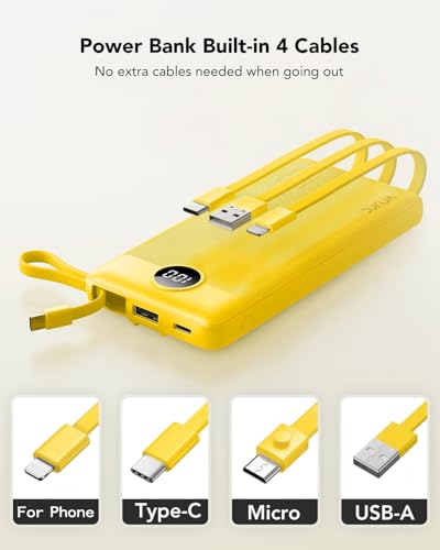 VRURC Portable Charger, Slim Power Bank Built-in 4 Cables, Travel Essential - color: Yellow