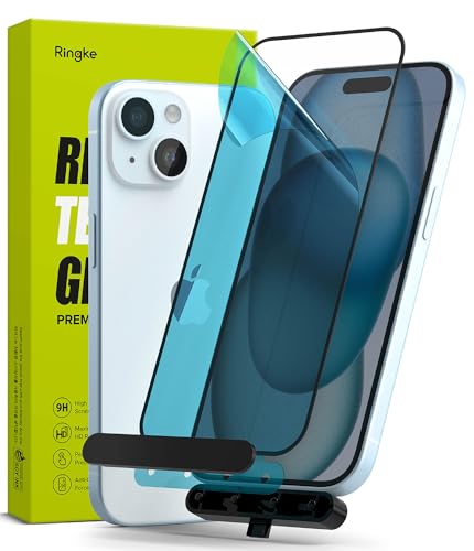 Ringke for iPhone 15 Screen Protector [Full Cover Glass] | Custom-Fit Installation Tool, Case Friendly Shatterproof Premium 9H Hardness Tempered Glass - size: iPhone 15