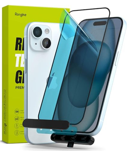 Ringke for iPhone 15 Screen Protector [Full Cover Glass] | Custom-Fit Installation Tool, Case Friendly Shatterproof Premium 9H Hardness Tempered Glass - size: iPhone 15