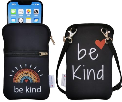 Tainada Small Crossbody Dual Zipper Cell Phone Neck Pouch (Be Kind Black) | Mini neoprene double zip wallet purse bag; Water-resistant, shockproof, lightweight; Adjustable & detachable lanyard strap - color: Be Kind Black