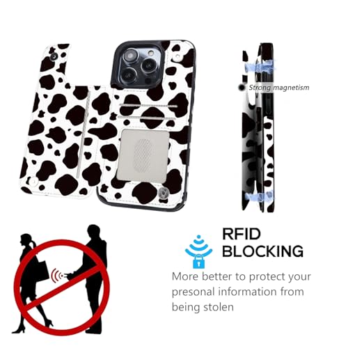 Compatible with iPhone 16 Pro Wallet Case with Card Holder, Back Flip Folio PU Leather Kickstand Card Slots Case for Women Girls, Double Magnetic Clasp Cover 6.3 Inch (Black Cow Print) - color: Black Cow Print, size: iPhone 16 Pro 6.3 inch