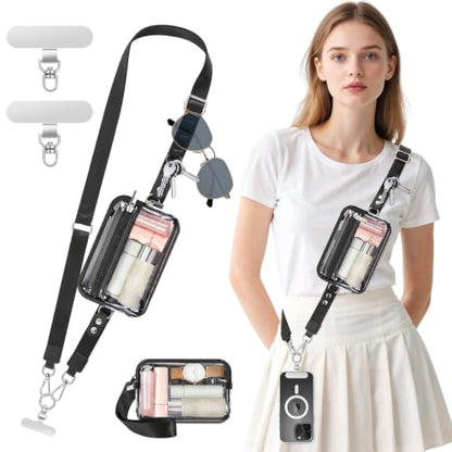 MoKo Adjustable Phone Crossbody Lanyard with Detachable RFID Wallet - color: Black&clear
