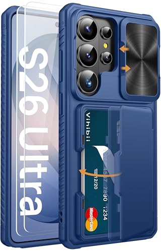 Vihibii for Samsung Galaxy S26 Ultra Case with 2X Screen Protector, Blue | Card Holder (4 Cards), 9H Hardness, RFID Blocking, Slide Camera Cover, Military-Grade Drop Protection Wallet Case, Blue - color: Blue-SP