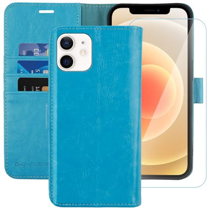 MONASAY Wallet Case Compatible for iPhone 12 mini 5G 5.4-inch,[Glass Screen Protector Included] [RFID Blocking] Flip Folio Leather Cell Phone Cover with Credit Card Holder, Light Blue | 5.4" fits 12 mini | Glass protector incl | Holds 3 cards | RFID block