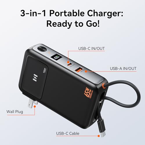 Selore&S-Global 3-in-1 Portable Phone Charger with Wall Plug, 10000mAh USB-C Power Bank with Built in Cable, 35W Portable Battery Pack for iPhone Samsung Android & 65W Wall Charger for Laptop MacBook